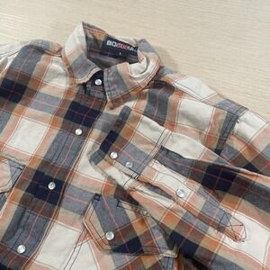 Bocomal Flame Resistant Shirt Mens L Orange Plaid FR Work Pearl Snap Western